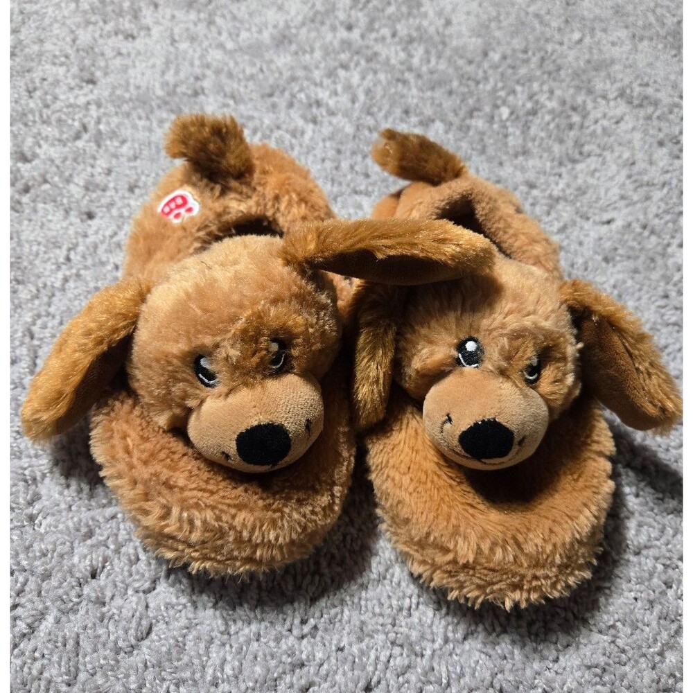 Build a Bear Dog Slippers Brown Ears Youth XL (3-4) Rubber Soles
